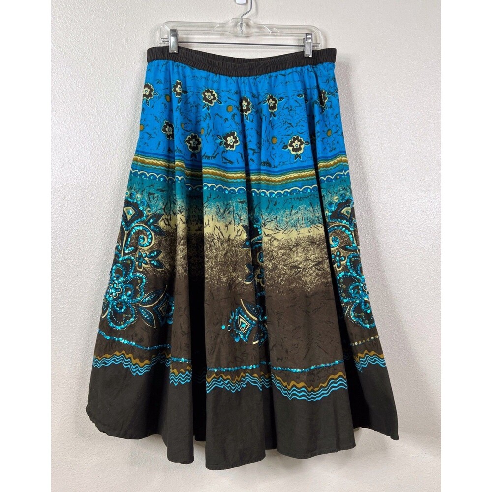 Chicos Sequin Full Maxi Skirt Size 3 16/18 Vintage 50s Mexican Style Blue Brown